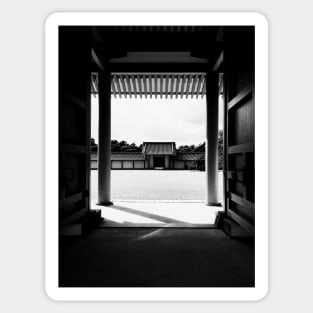 Black and White Shot of Japanese Zen Garden Seen Through Large Gate Sticker